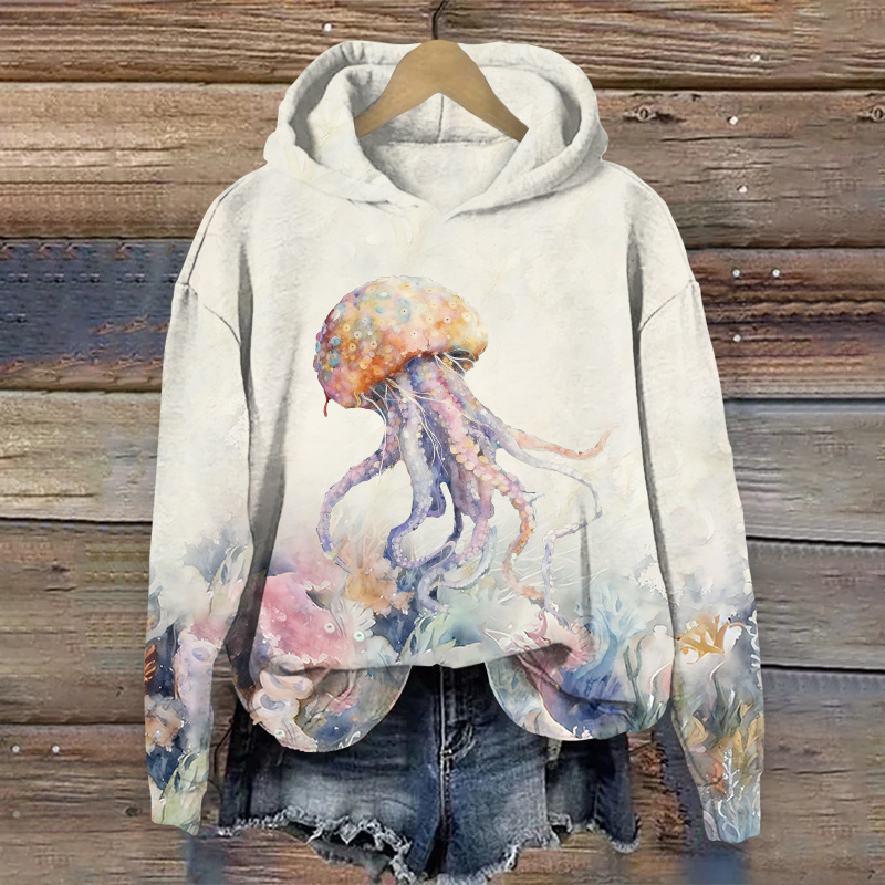 Underwater Oil Painting Colorful Jellyfish  Art Print Long Sleeve Hoodie - White - US44-46(8XL) - image 1