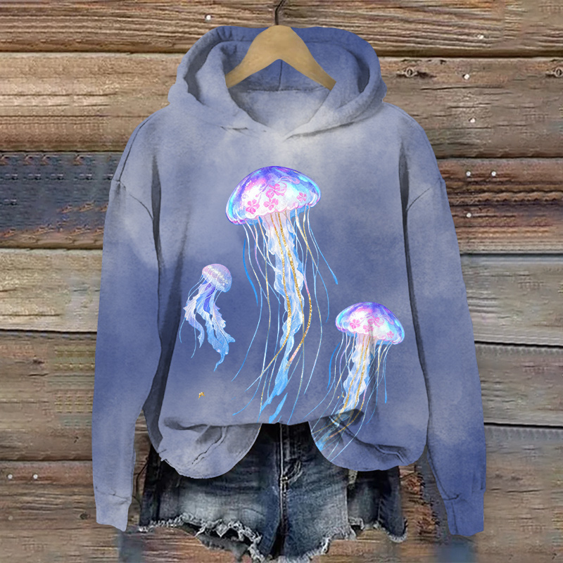 Creative Fantasy Glowing Floral Jellyfish  Art Print Long Sleeve Hoodie - Blue - US44-46(8XL) - image 1