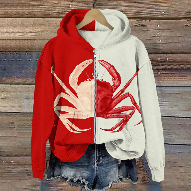 Crab Print Color Blocking Print Long Sleeve Zipper Hoodie - Red - US28-30(4XL) - image 2