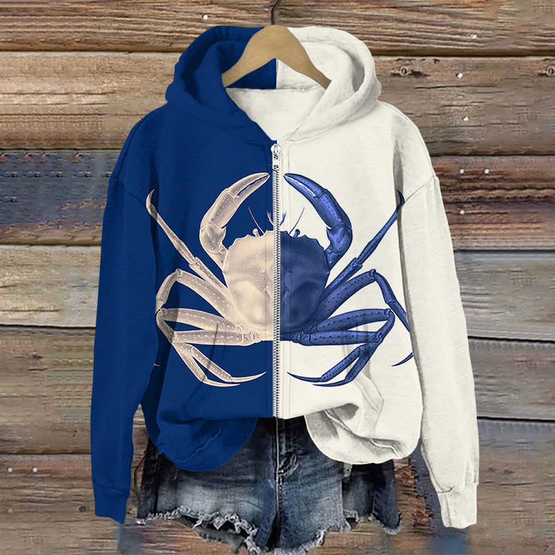 Crab Print Color Blocking Print Long Sleeve Zipper Hoodie - Dark Blue - US28-30(4XL) - image 1