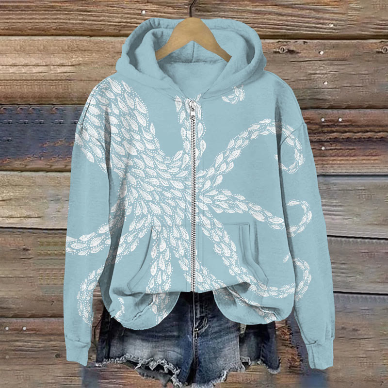 Octopus Tentacles And Fish Art Print Long Sleeve Zipper Hoodie - Light Blue - US28-30(4XL) - image 2