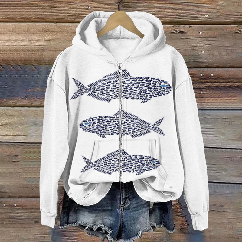 Sardine Art Print  Long Sleeve Zipper Hoodie - Light Gray - US28-30(4XL) - image 1