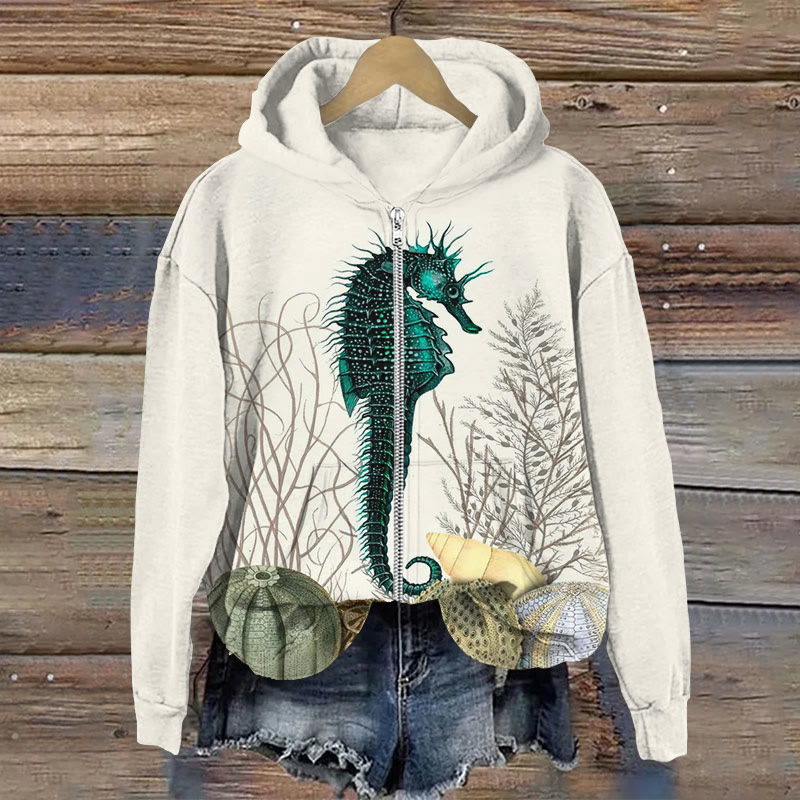 Seahorse And Conch Print  Long Sleeve Zipper Hoodie - Beige - US28-30(4XL) - image 1