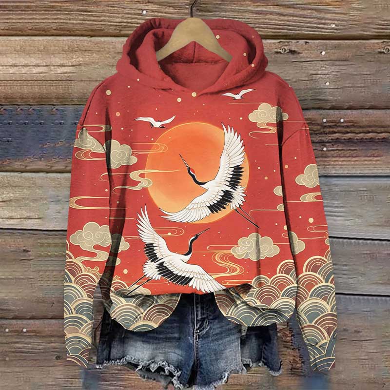 Japanese Vintage White Crane Flying Around The Sun Print Long Sleeve Hoodie - Red - US44-46(8XL) - image 1