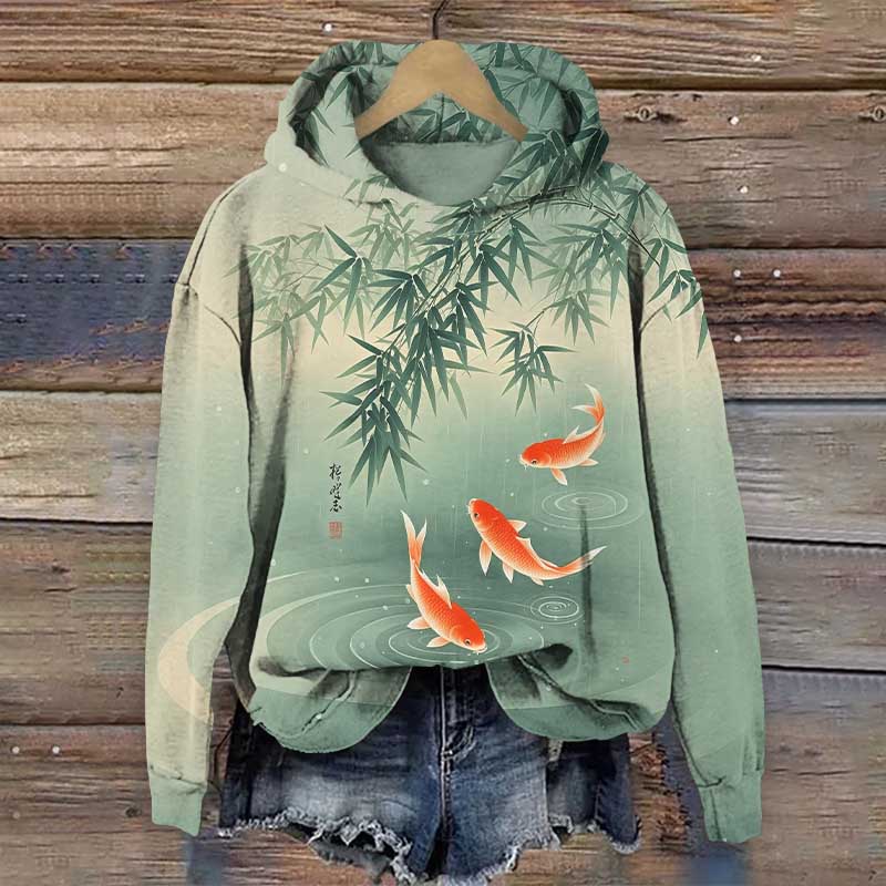 Japanese Vintage Koi Pond Under Bamboo Leaf Print Long Sleeve Hoodie - Green - US44-46(8XL) - image 1