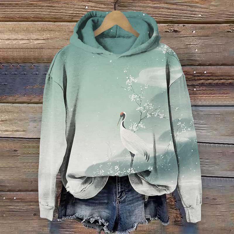 Japanese Vintage View Of Lonely Crane Print Long Sleeve Hoodie - Green - US44-46(8XL) - image 1