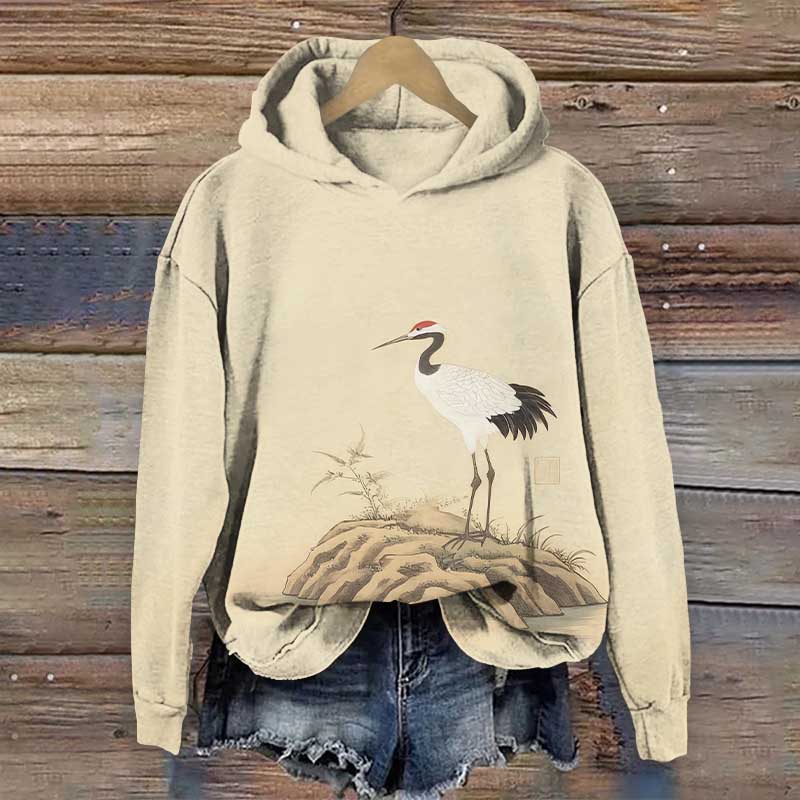 Japanese Vintage White Crane Pattern Print Long Sleeve Hoodie - Apricot - US44-46(8XL) - image 1