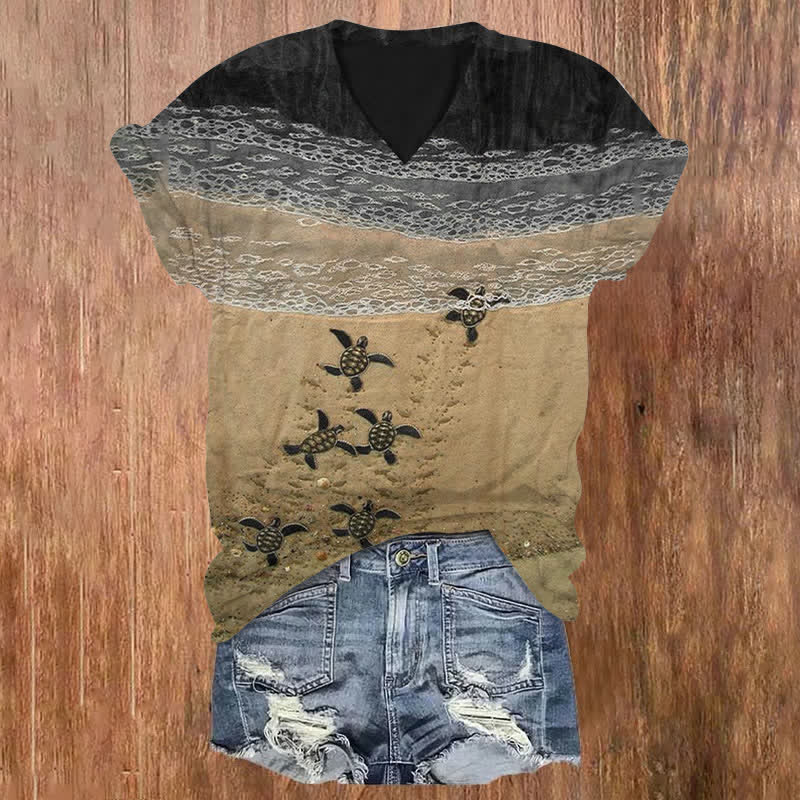 100% Cotton Baby Sea Turtles Beach Fiber Art Print V-neck T-shirt - image 2