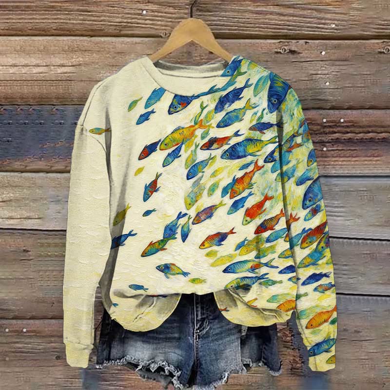 Artistic Ocean Colorful School Of Fish Art Print Casual Sweatshirt - Apricot - 5XL - image 1