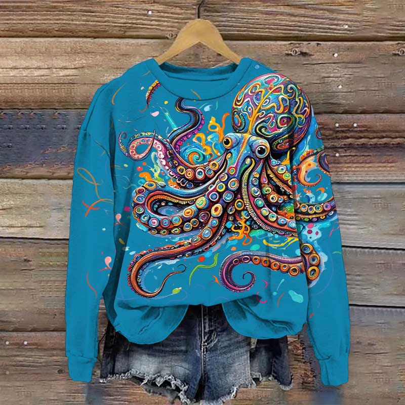 Vintage Octopus Art Print Casual Sweatshirt - Lake Blue - 5XL - image 2
