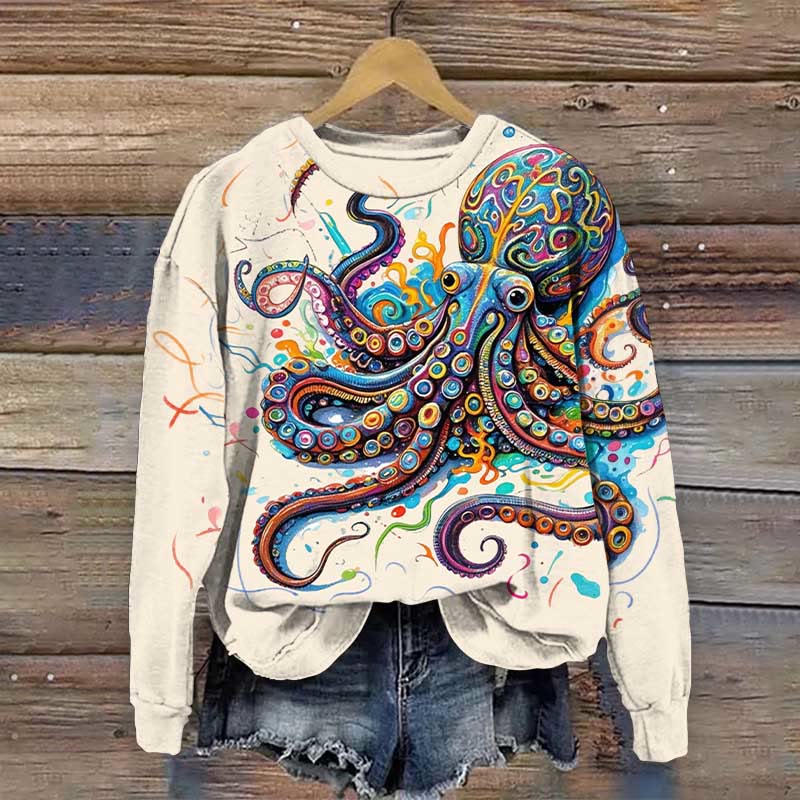Vintage Octopus Art Print Casual Sweatshirt - Apricot - 5XL - image 1