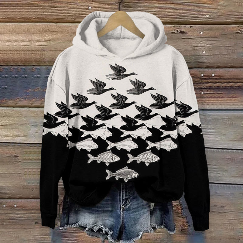 Four dimensional continuous fish  Print Long Sleeve Hoodie - Black - US44-46(8XL) - image 1