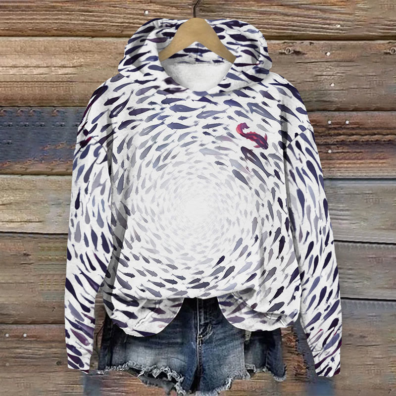 Ocean Vortex Fish Print Long Sleeve Hoodie - Light Gray - US44-46(8XL) - image 1