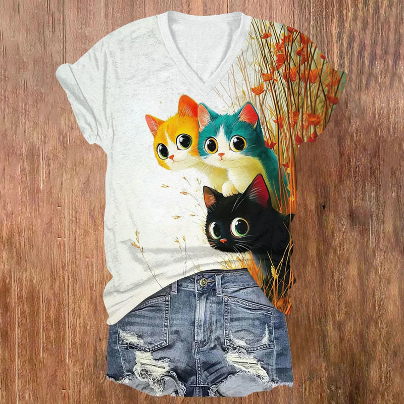Cute Cat Peeking Out Print Short Sleeved V-Neck T-Shirt - White - US32-34(5XL) - image 1