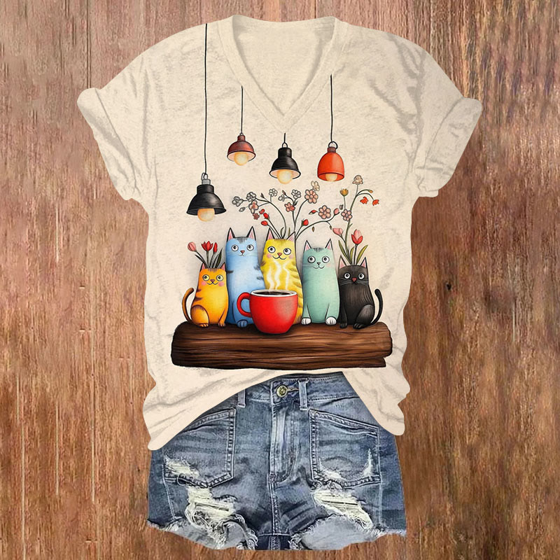 Cat Art Print  Print Short-Sleeved V-Neck T-Shirt - Apricot - US32-34(5XL) - image 1