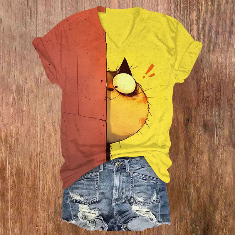 Cute Cat Color-Block Print Short-Sleeved V-Neck T-Shirt - Yellow - US32-34(5XL) - image 1