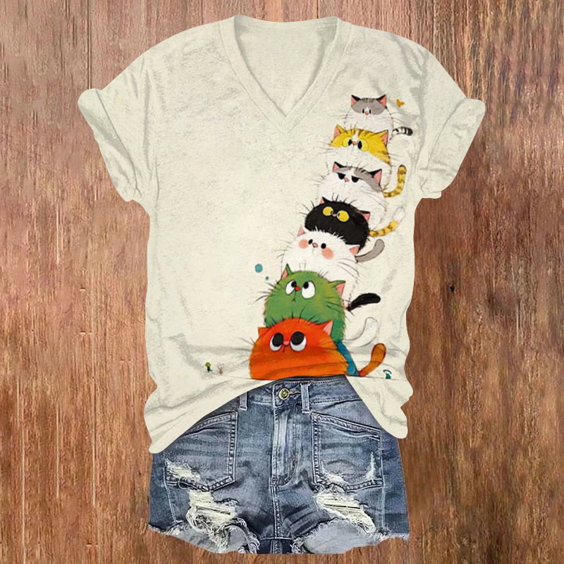 A Row Of Cute Cat Print Short Sleeved V-Neck T-Shirts - Beige - US32-34(5XL) - image 1