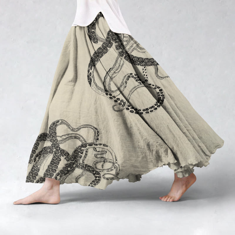 Retro Creative Art Octopus Pattern Print Skirt - Apricot - 5XL - image 3