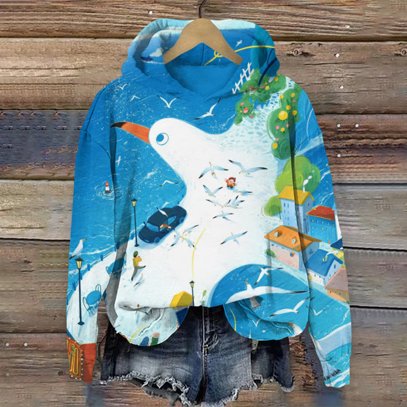 Hand-Painted Oil Painting Goose Print Long Sleeve Hoodie - Blue - US44-46(8XL) - image 1