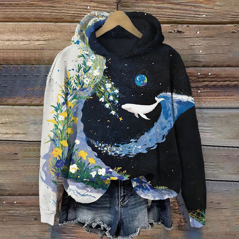Whale And Floral Art Patterns Print Long Sleeve Hoodie - Dark Blue - US44-46(8XL) - image 1