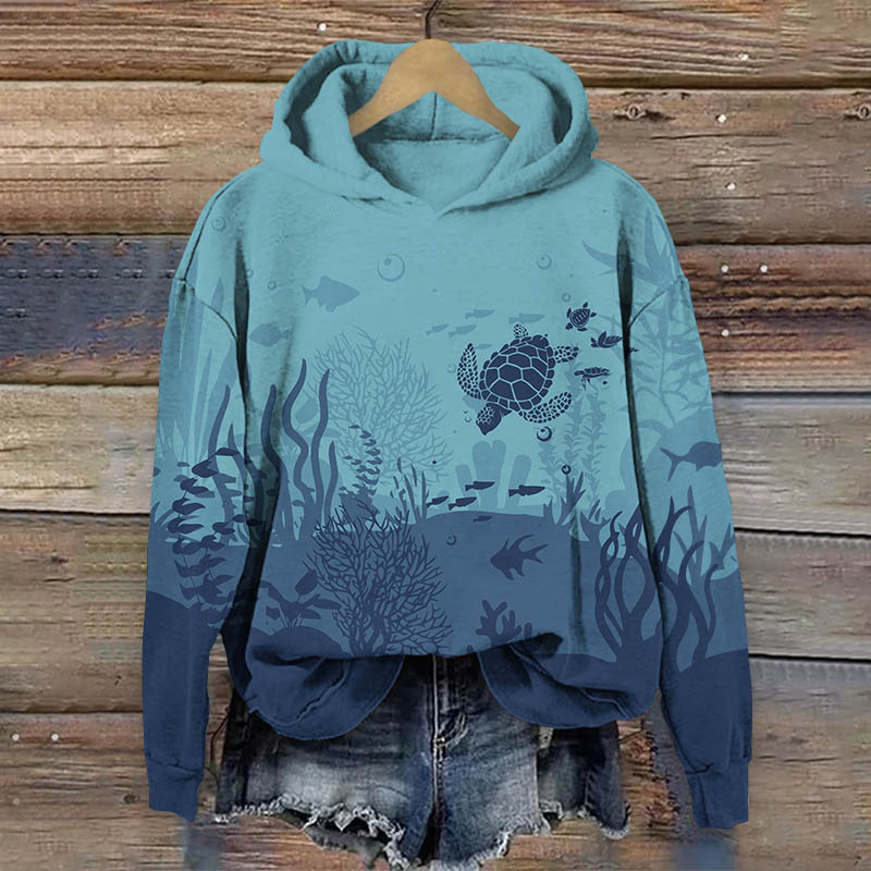 Vintage Underwater Sea Turtle & Fish Art Print Long Sleeve Hoodie - Blue - US44-46(8XL) - image 1