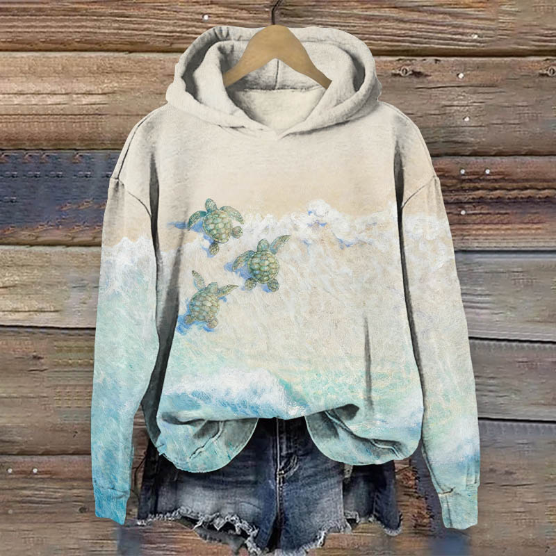 Lovely Sea Turtle On The Beach Art Print Long Sleeve Hoodie - Khaki - US44-46(8XL) - image 1