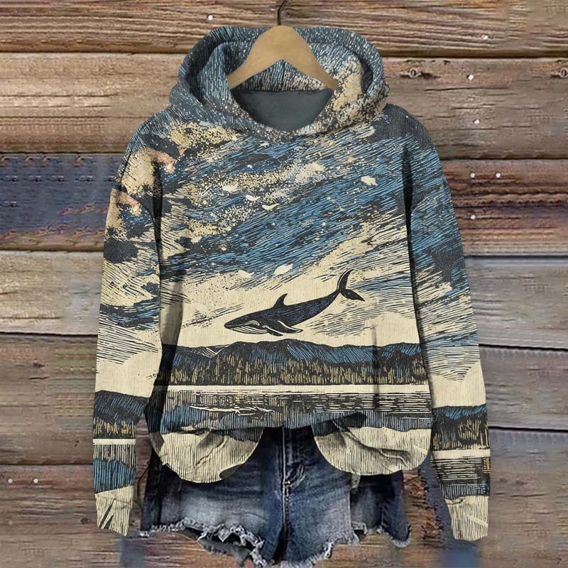 Oil Painting Retro Whale Art Print Long Sleeve Hoodie - Blue - US44-46(8XL) - image 1