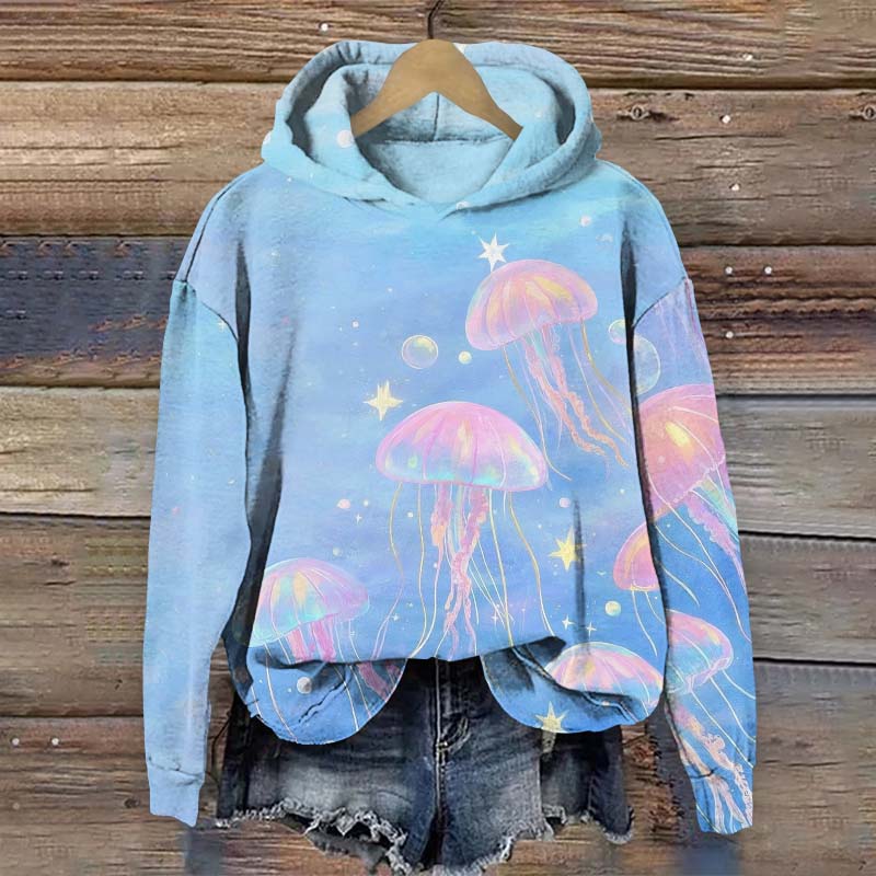 Watercolor Fantasy Jellyfish  Art Print Long Sleeve Hoodie - Blue - US44-46(8XL) - image 1