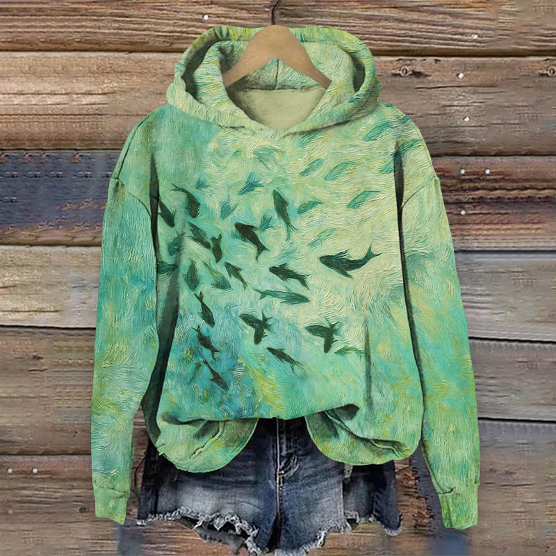 Oil Painting Abstract Whale Pod Art Print Long Sleeve Hoodie - Green - US44-46(8XL) - image 2