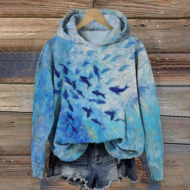 Oil Painting Abstract Whale Pod Art Print Long Sleeve Hoodie - Blue - US44-46(8XL) - image 1