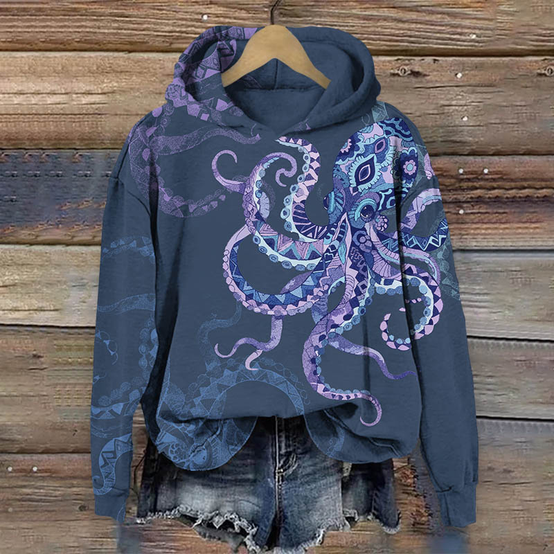 Retro Mystical Ethnic Pattern Octopus Art Print Long Sleeve Hoodie - Blue - US44-46(8XL) - image 2