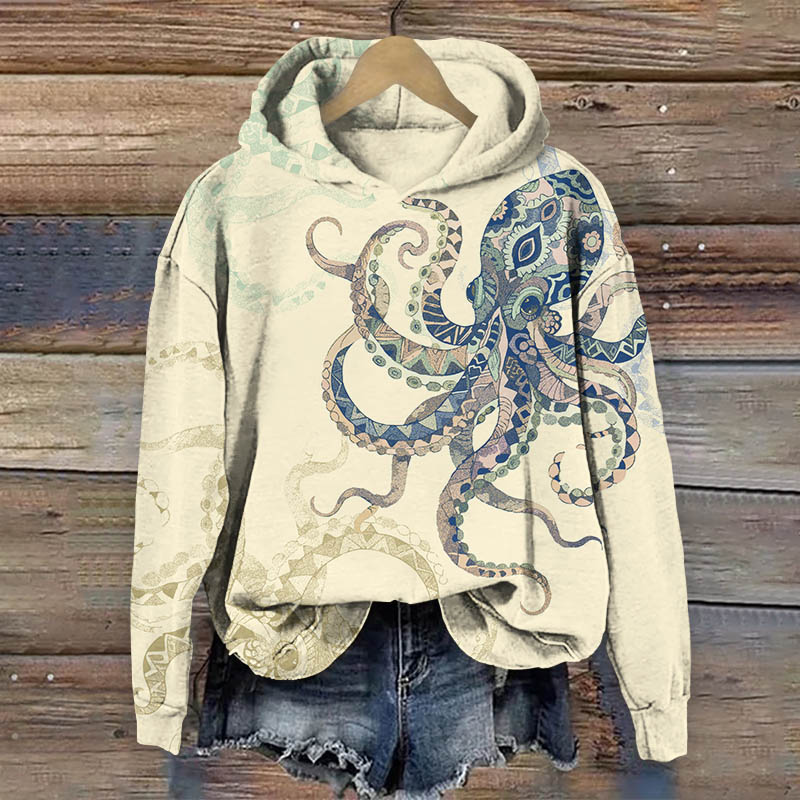 Retro Mystical Ethnic Pattern Octopus Art Print Long Sleeve Hoodie - Apricot - US44-46(8XL) - image 1