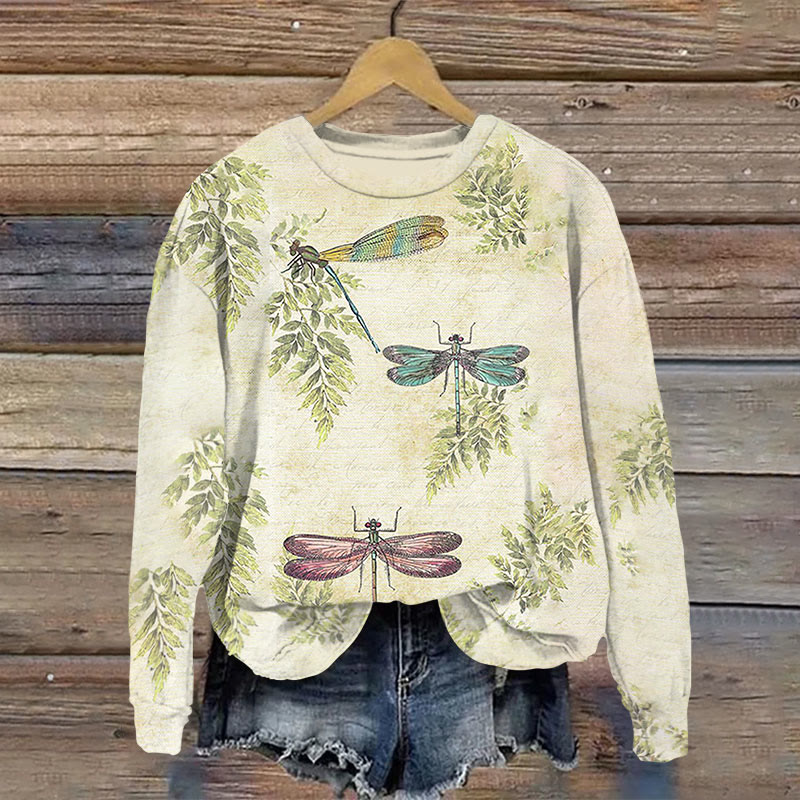 Retro Dragonfly Pattern Print Long Sleeve Sweatshirt - Apricot - 5XL - image 1