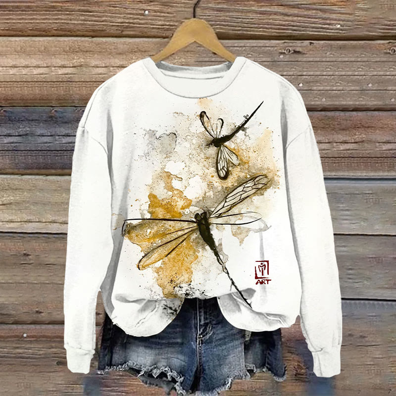 Retro Dragonfly Watercolor  Print Long Sleeve Sweatshirt - White - 5XL - image 1