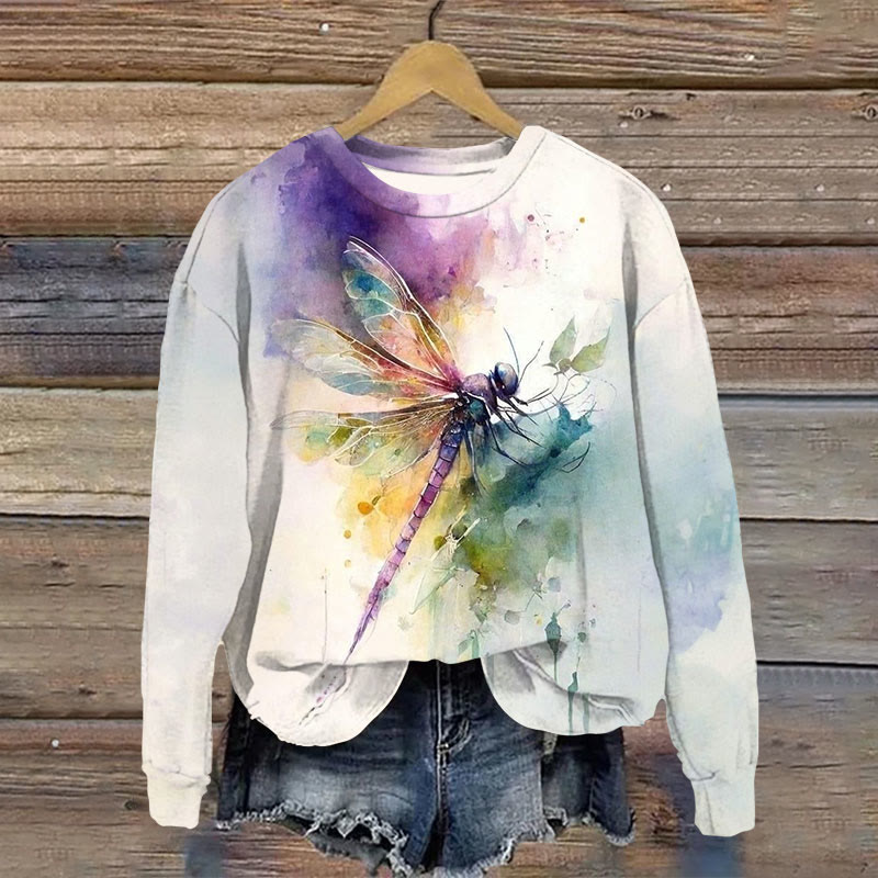 Retro Dragonfly Watercolor Art Print Casual Sweatshirt - Beige - 5XL - image 1