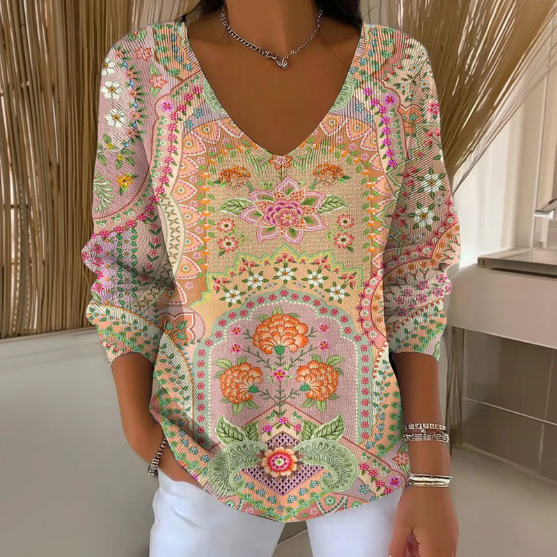 Women's Retro Floral Print V-Neck Long Sleeve Sweater - Multicolor - 5XL - image 1