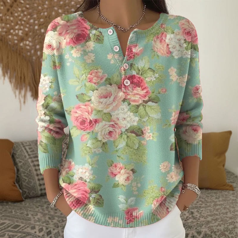 Vintage Floral Print Henley Collar Button Sweater - Green - 5XL - image 1
