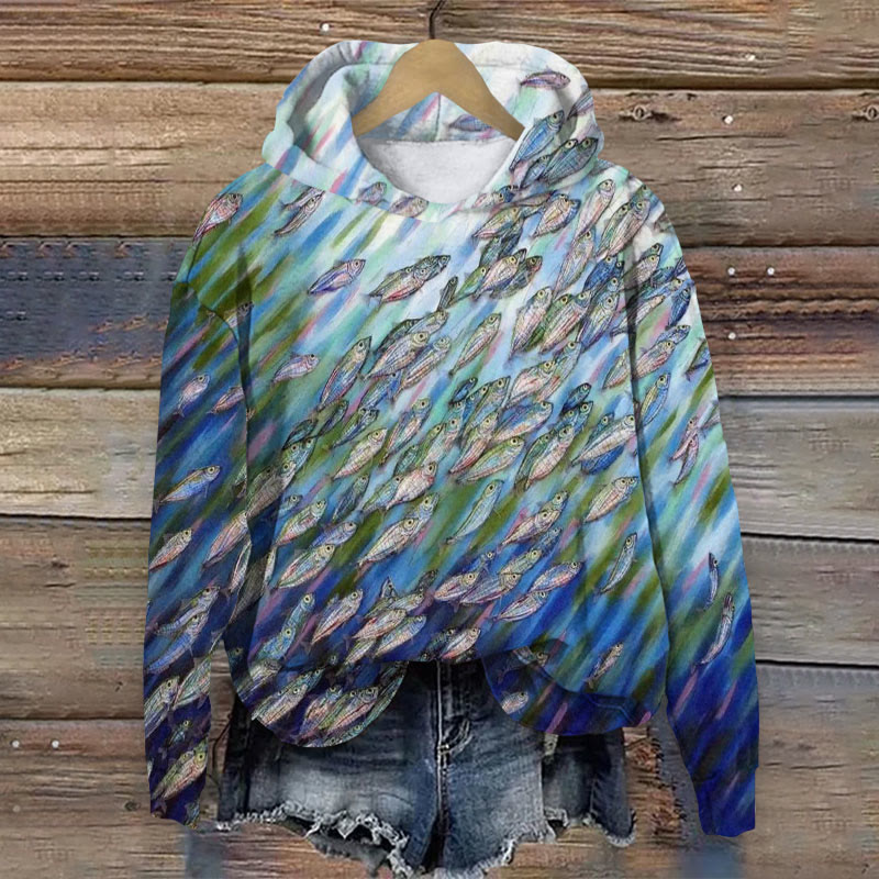 Fish School Art Print Long Sleeve Hoodie - Blue - 8XL - image 1