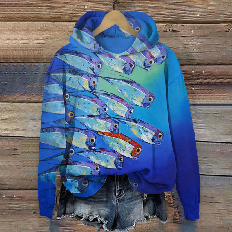 Oil Painting Fish School Art Print Long Sleeve Hoodie - Blue - 8XL - image 1