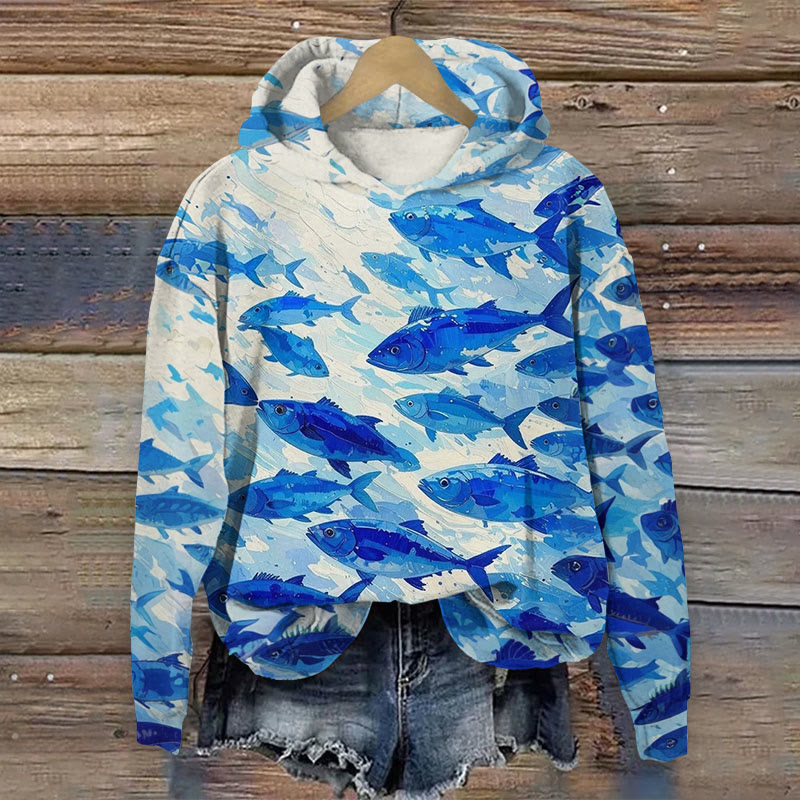 Blue Fish School Art Print Long Sleeve Hoodie - Blue - 8XL - image 1