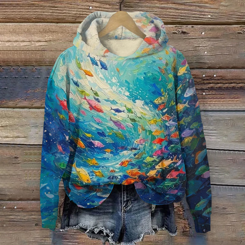Multicolor Fish School Art Print Long Sleeve Hoodie - Multicolor - 8XL - image 1