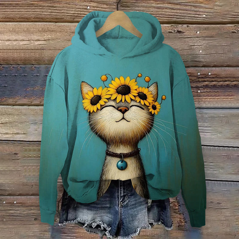 Cat And Floral Art Pattern  Print Long Sleeve Hoodie - Green - US44-46(8XL) - image 1