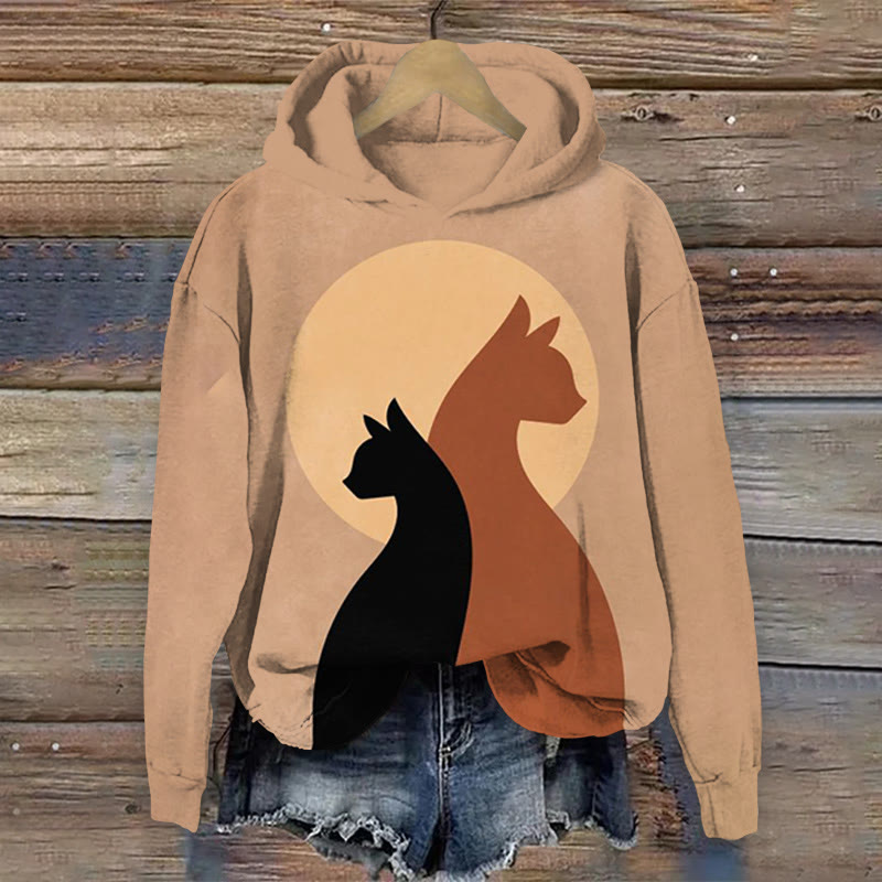 Cat Silhouette Color-Blocked Print Long Sleeved Hoodie - Brown - US44-46(8XL) - image 1