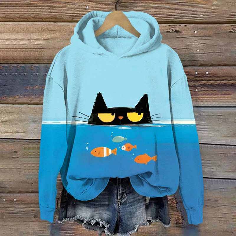 Cat Color-Blocked Ocean Fish Print Long Sleeve Hoodie - Blue - US44-46(8XL) - image 1
