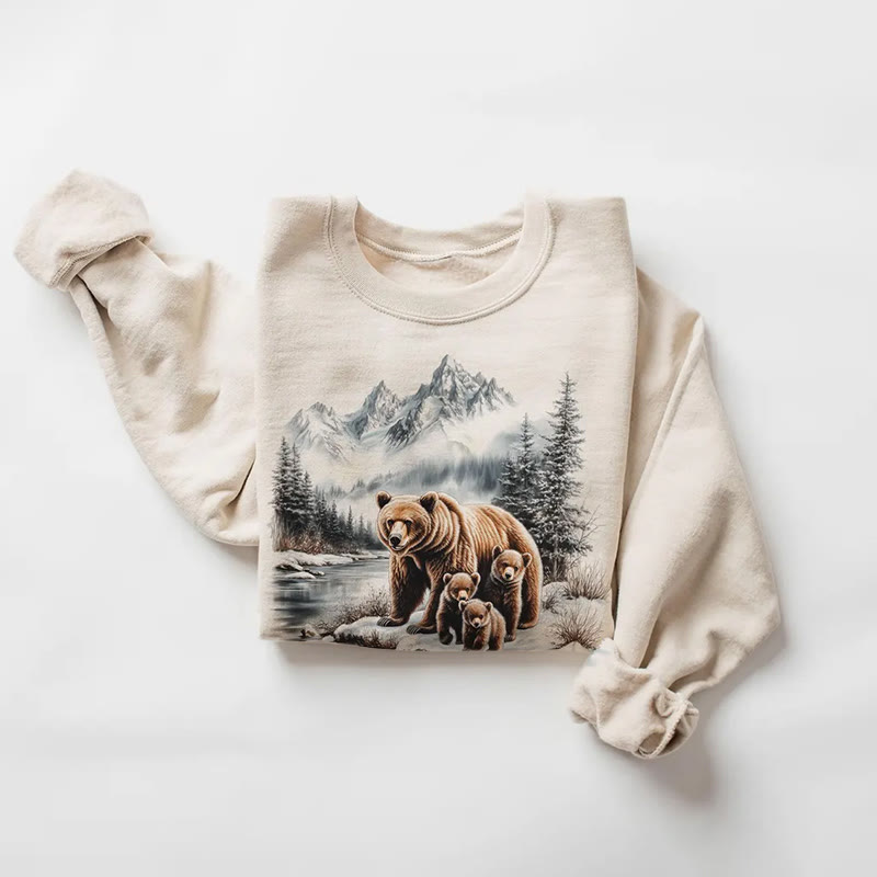 Retro Grizzly Bear Mother and Three Cubs Mountain Landscape Print Long Sleeve Sweatshirt - Apricot - 5XL - image 2
