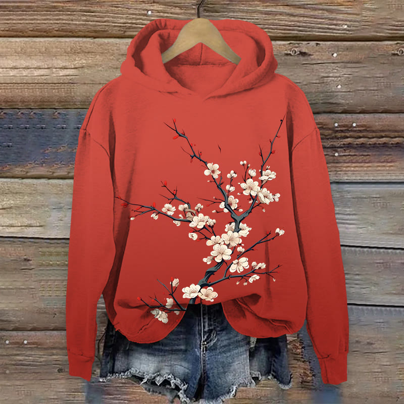 Japanese Floral Pattern Print Long Sleeve Hoodie - Red - 8XL - image 1