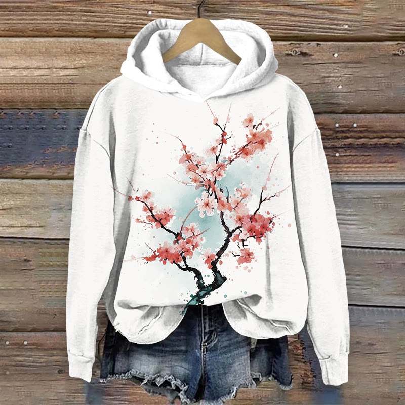 Japanese Style Plum Blossom Print Long Sleeved Hoodie - White - 8XL - image 1