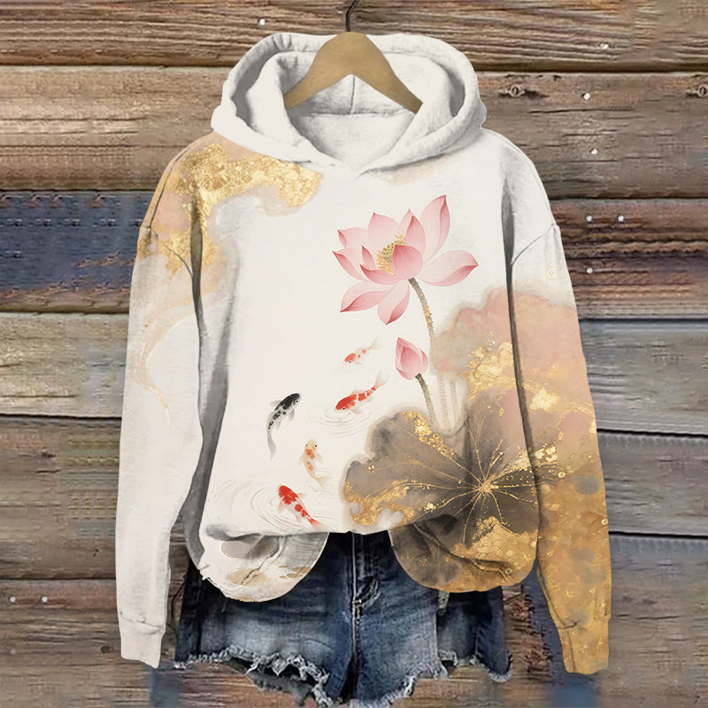 Japanese Style Koi And Lotus Flower Print Long Sleeved Hoodie - Light Gray - 8XL - image 1