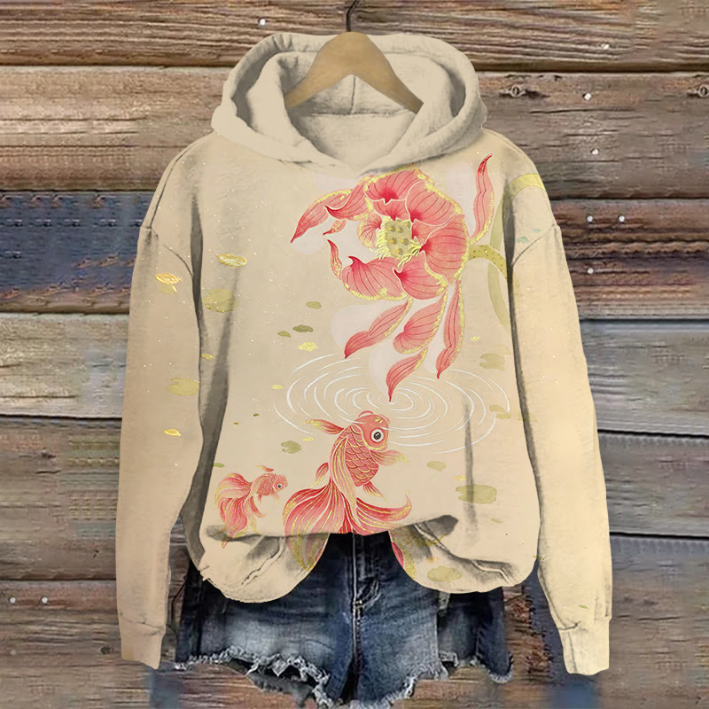 Japanese Style Koi And Lotus Flower Print Long Sleeved Hoodie - Khaki - 8XL - image 1