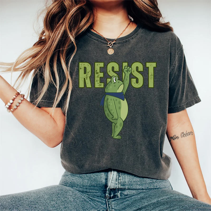 Women's RESIST Frog Letter Print  Printed Acid Washed T-shirt - Black - 3XL - image 1